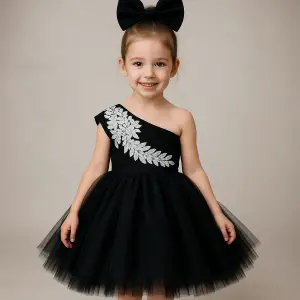 Siyah Tek Omuzlu Dantel Detaylı Kız Çocuk Elbisesi
