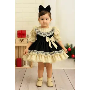 Siyah Ve Krem Danteli Kız Çocuk Elbisesi