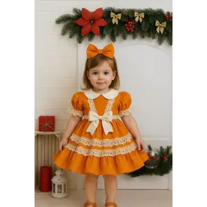 Turuncu Bebe Yakalı Kız Çocuk Elbisesi