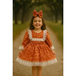 Turuncu Dantelli Kız Çocuk Elbisesi