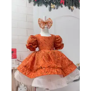Turuncu Işıltılı Kız Çocuk Abiye Elbise
