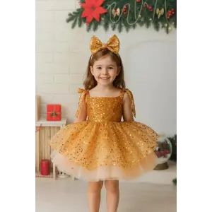 Turuncu Payetli Askılı Kız Çocuk Elbisesi