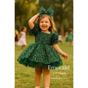 yeşil Taşlı Kız Çocuk Abiye Elbise