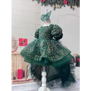 Yeşil Taşlı Kuyruklu Kız Çocuk Abiye Elbise