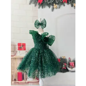 Yeşil Taşlı Tek Omuzlu Fırfırlı Kız Çocuk Elbisesi