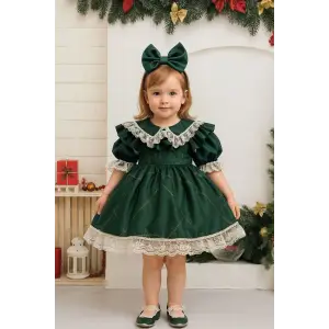 Zümrüt Yeşili Dantelli Kız Çocuk Elbisesi