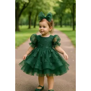 Zümrüt Yeşili çiçek Desenli Kız çocuk elbisesi
