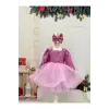 Pembe Taşlı Kare Yakalı Kız Çocuk Elbisesi