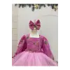 Pembe Taşlı Kare Yakalı Kız Çocuk Elbisesi
