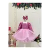 Pembe Taşlı Kare Yakalı Kız Çocuk Elbisesi