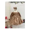 Acık Hahve Desenli Kadife Kız Çocuk Elbisesi