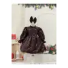 Kadife Çikolata Rengi Bayetli Kız Çocuk Elbisesi