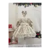 Krem Kadifeli Fransız Dantel(4 Parcalı) Kız Çocuk Elbisesi