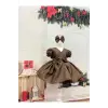 Kahve V yakalı Kız Çocuk Elbisesi