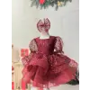 Bordo Payetli Kare Yakı Kız Çocuk Elbisesi