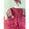 Bordo Payetli Kare Yakı Kız Çocuk Elbisesi
