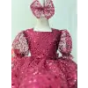 Bordo Payetli Kare Yakı Kız Çocuk Elbisesi