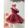 Bordo Tek Omuzlu Payetli Kız Çocuk elbisesi