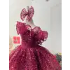 Bordo Tek Omuzlu Payetli Kız Çocuk elbisesi