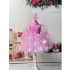 Pembe 3D Çicek desenli Kız Çocuk Elbises