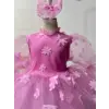 Pembe 3D Çicek desenli Kız Çocuk Elbises