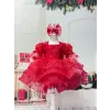 Kırmızı 3D çiçek desenli Kız Çocuk elbissesi