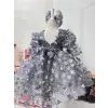 Gri 3D Çiçek İşlemeli Kabartmalı kız çocuk abiye elbise