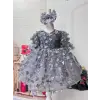 Gri 3D Çiçek İşlemeli Kabartmalı kız çocuk abiye elbise