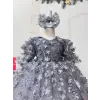 Gri 3D Çiçek İşlemeli Kabartmalı kız çocuk abiye elbise