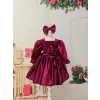 Bordo Kız Çocuk Kadife Abiye Elbise
