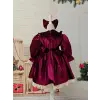 Bordo Dantel İşleme Kız Çocuk Kadife Abiye Elbise