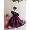 Mor  Çiçek Aplikeli Tek Omuz Kız Çocuk Kabarık Abiye