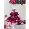 Bordo Çiçek Nakışlı Prenses Kız Çocuk Elbisesi Abiye