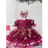 Bordo Çiçek Nakışlı Prenses Kız Çocuk Elbisesi Abiye