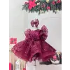 Bordo Payetli Prenses Kız Çocuk Abiye Elbise