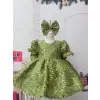 Fıstık Yeşili Taşlı Kabarık Kız Çocuk Elbisesi Abiye