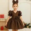 Kahve V yakalı Kız Çocuk Elbisesi