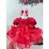 Kırmızı 3D Daire İşlemeli Kız Çocuk Abiye Elbise
