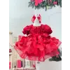 Kırmızı 3D Daire İşlemeli Kız Çocuk Abiye Elbise