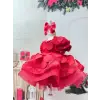 Kırmızı 3D Daire İşlemeli Kız Çocuk Abiye Elbise