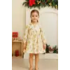 Krem Çicek Baskılı Kız Çocuk Elbisesi
