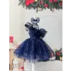 Lacivert Tek Kollu Taşlı Elbise