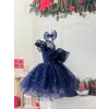 Lacivert Tek Kollu Taşlı Elbise