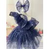 Lacivert Tek Kollu Taşlı Elbise