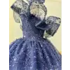Lacivert Tek Kollu Taşlı Elbise