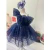 Lacivert Tek Kollu Taşlı Elbise