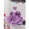 Lila Taşlı Kabarık Kız Çocuk Abiye Elbise
