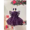 Mor Payetli Prenses Kız Çocuk Abiye Elbise – Balon Kollu & Fiyonk Aksesuarlı