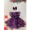 Mor Payetli Prenses Kız Çocuk Abiye Elbise – Balon Kollu & Fiyonk Aksesuarlı