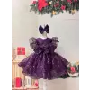 Mor Payetli Prenses Kız Çocuk Abiye Elbise – Balon Kollu & Fiyonk Aksesuarlı